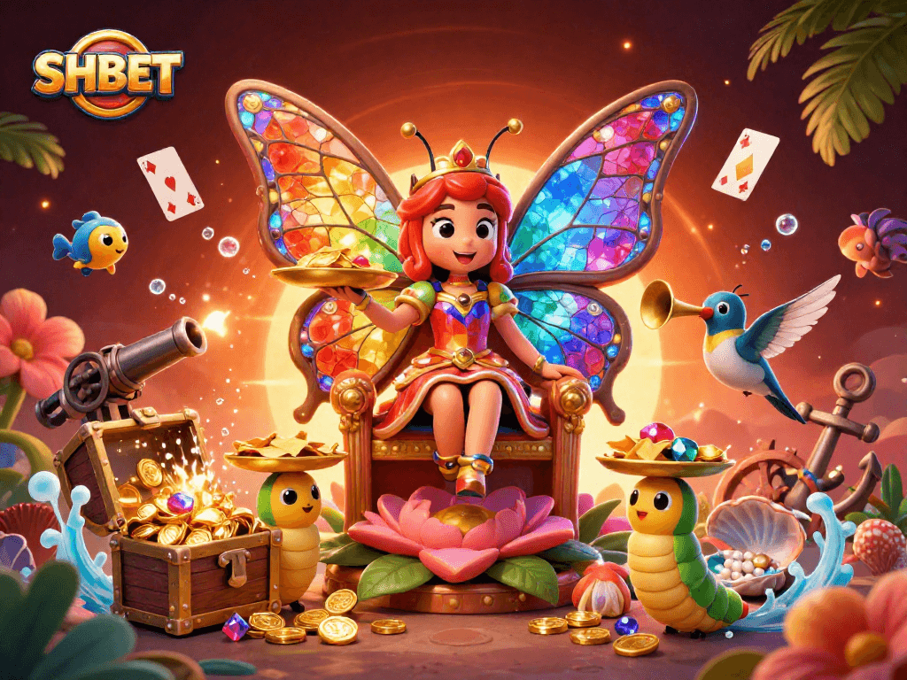 Experience the vibrant SHBET world with a butterfly queen and animated casino motifs.