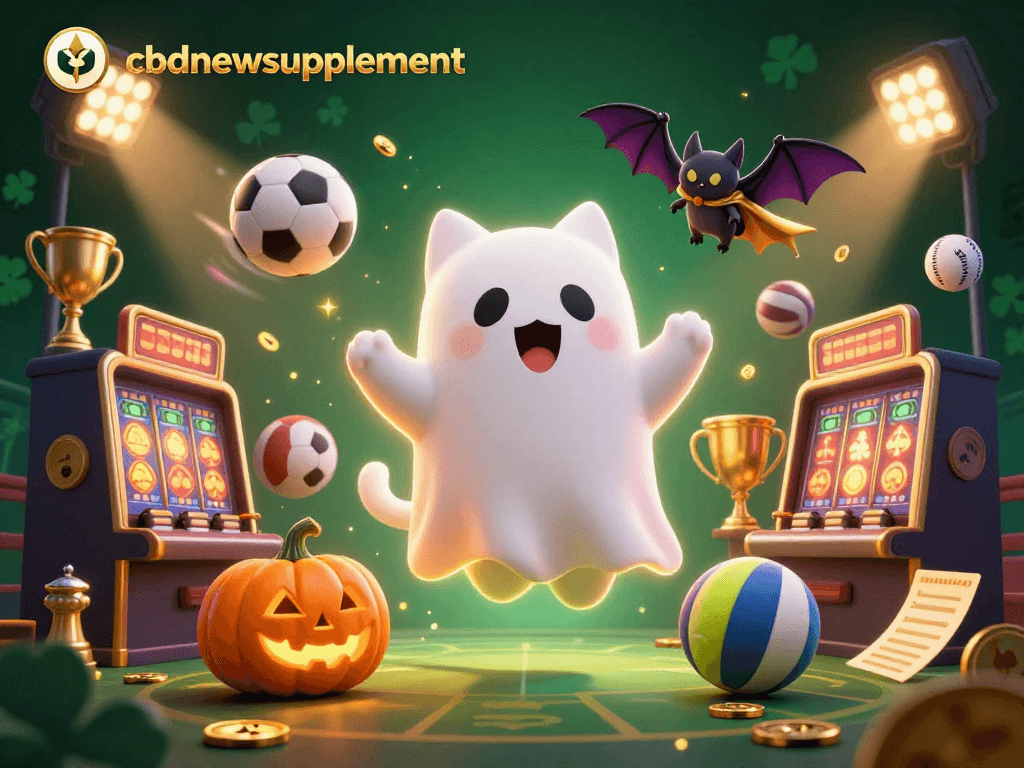 Engage with cbdnewssupplement in this vibrant casino scene featuring a playful ghost cat and elements of luck.
