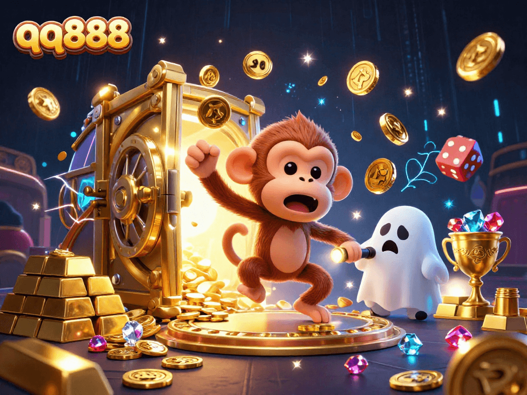 Join the thrilling adventure of qq888 as a mischievous poltergeist monkey and a ghost-hunter puppy explore a haunted casino.