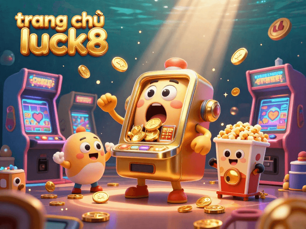 Experience the thrill of winning at trang chủ luck8, where the animated slot machine surprises with a jackpot amid a vibrant casino scene.