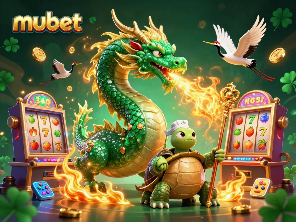Mubet brings excitement with a jade dragon, a wise turtle sage, and lucky cranes in a casino-themed scene.