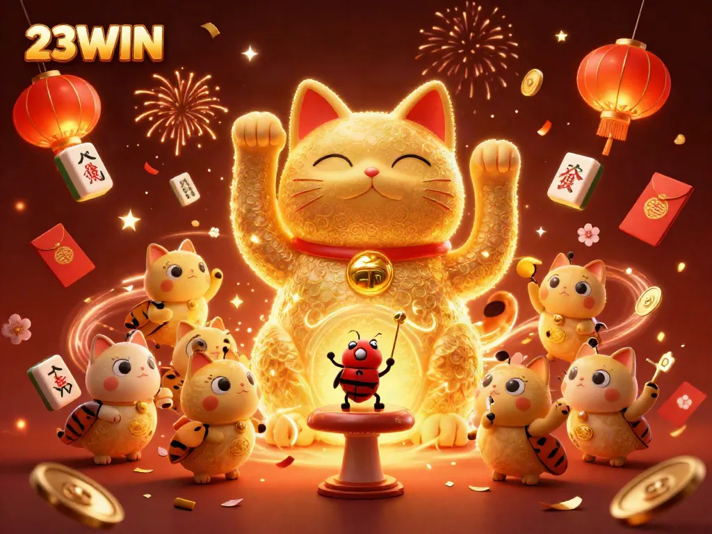 Engage with the vibrant 23WIN lucky cat illustration filled with dynamic casino elements.