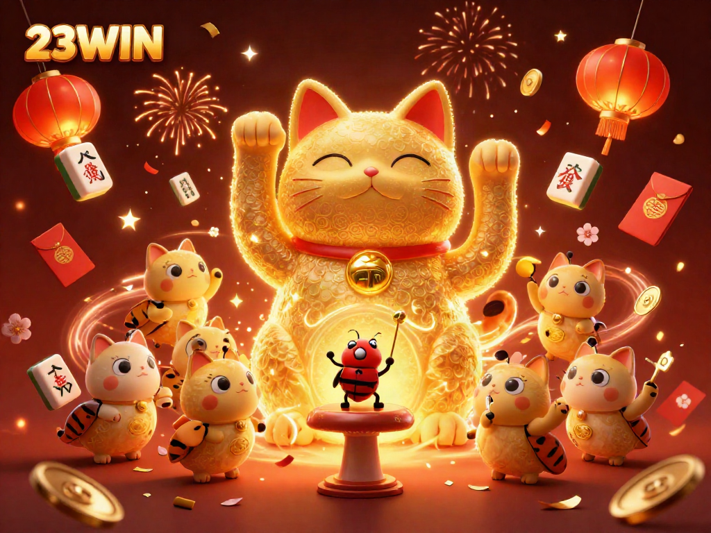 Engage with the vibrant 23WIN lucky cat illustration filled with dynamic casino elements.