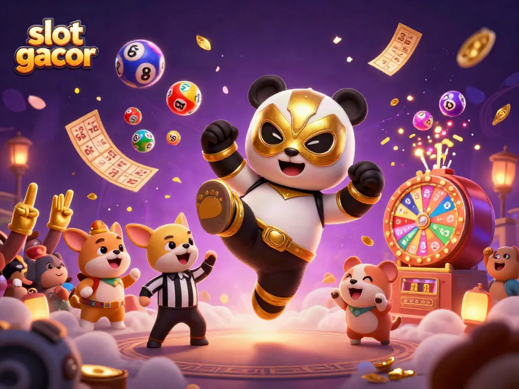 Experience slot gacor excitement with a vibrant 3D scene featuring a panda wrestler and dynamic casino elements.