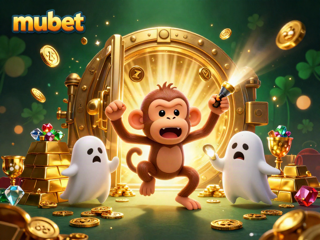 Experience exciting wins at MUBET with this vibrant casino-themed 3D illustration showcasing golden treasures.