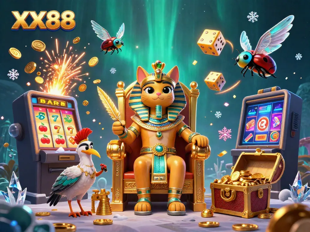 Experience the thrill of XX88 with an energetic 3D casino illustration featuring vibrant symbols and characters.