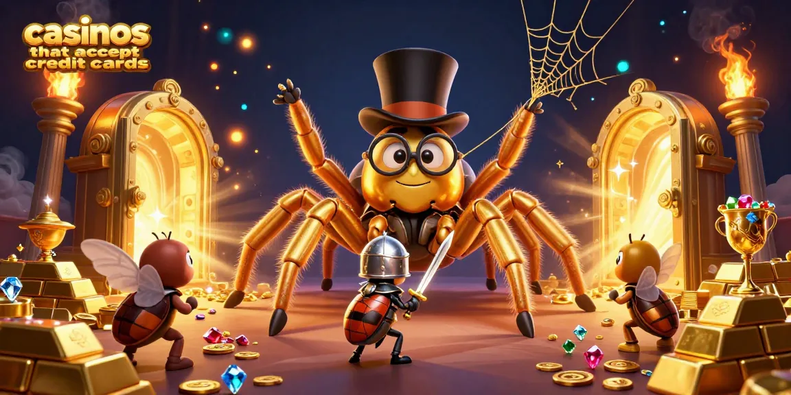 Engage with casinos that accept credit cards through this vibrant, animated scene of a golden tarantula and beetle knight.