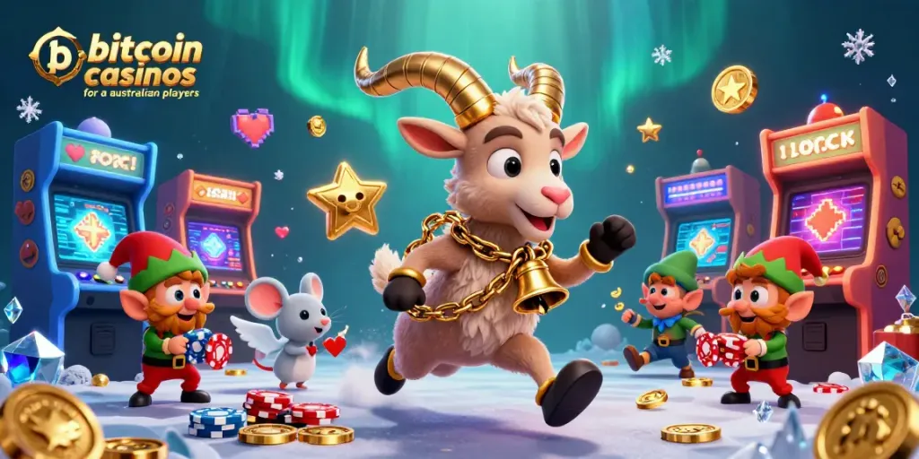 Experience the thrilling action of bitcoin casinos for australian players with festive characters and colorful game elements.