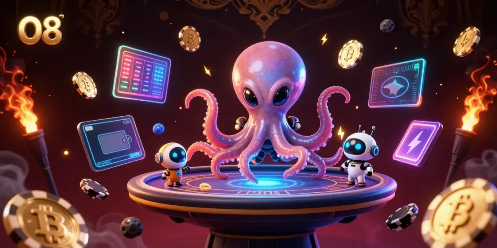 Experience thrilling gameplay at O8 with an alien octopus and robot playing poker amid dazzling crypto elements.