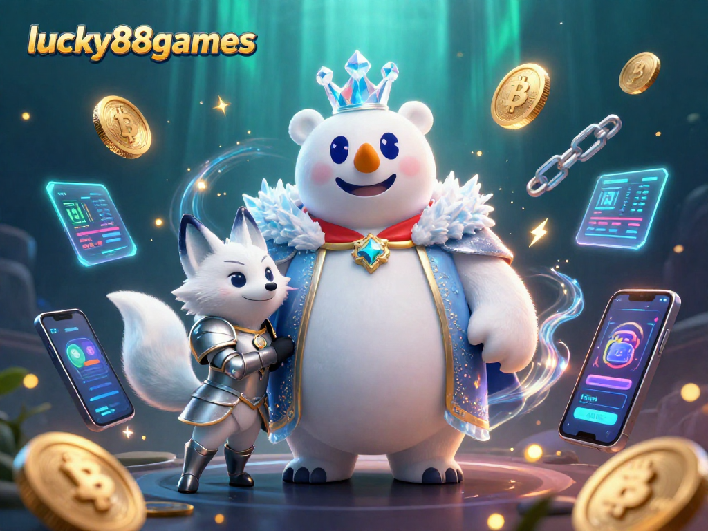 Engage in thrilling gameplay at lucky88games, featuring a dynamic 3D polar bear and fox amidst cryptocurrency elements.