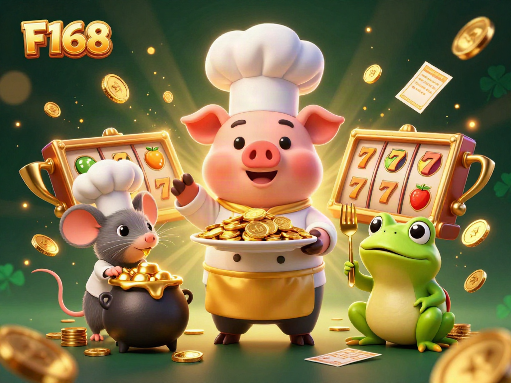 Experience thrilling wins with F168 in this vibrant casino scene featuring gold coins and lucky symbols.