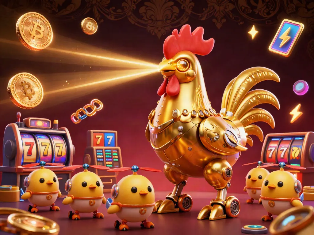 Experience casino excitement with 88B in this dynamic scene featuring a golden rooster robot and baby chick drones.