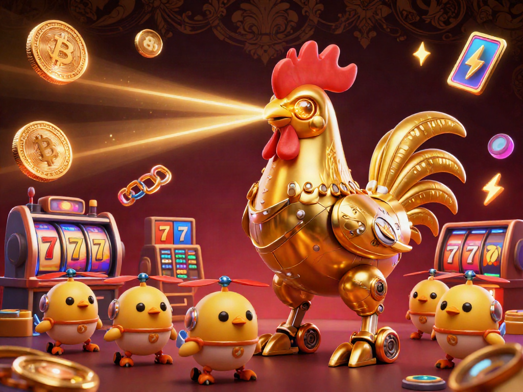Experience casino excitement with 88B in this dynamic scene featuring a golden rooster robot and baby chick drones.