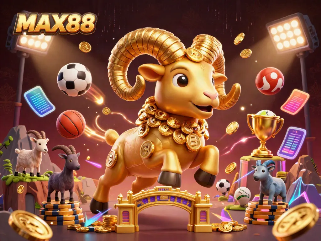 Experience winning moments at MAX88 with vibrant sports-themed 3D illustration, featuring golden ram and dynamic elements.