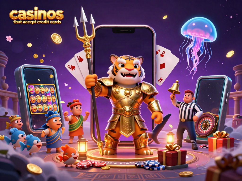 Engaging illustration of casinos that accept credit cards, featuring a tiger shark in an underwater arena.