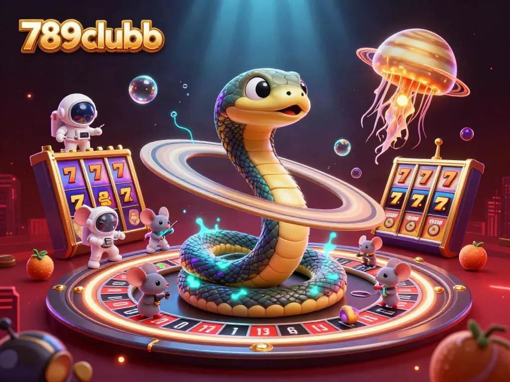 Engage with 789clubb's vibrant casino scene as tiny astronaut mice place bets on a cosmic roulette wheel.