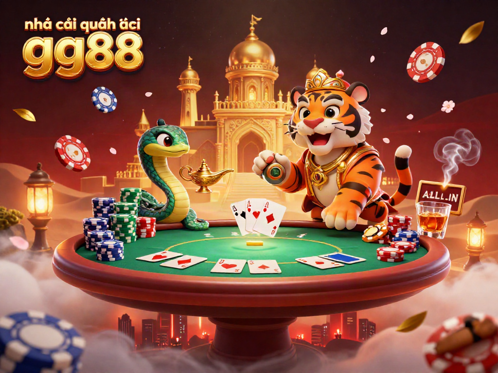Experience the vibrant action of nhà cái quốc tế gg88, with a tiger sultan and genie in a rich casino setting.