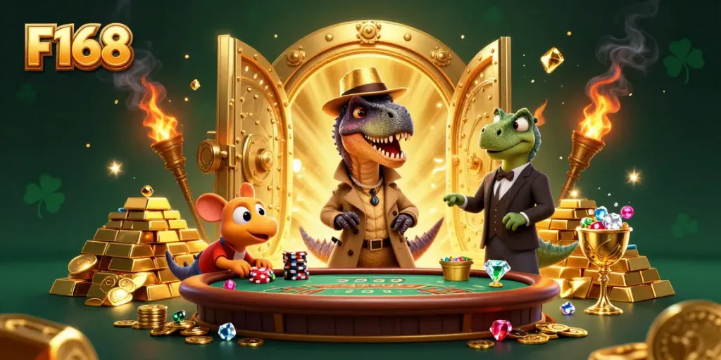 Activate thrilling gameplay with F168's vibrant casino scene featuring unique characters and dazzling treasures.