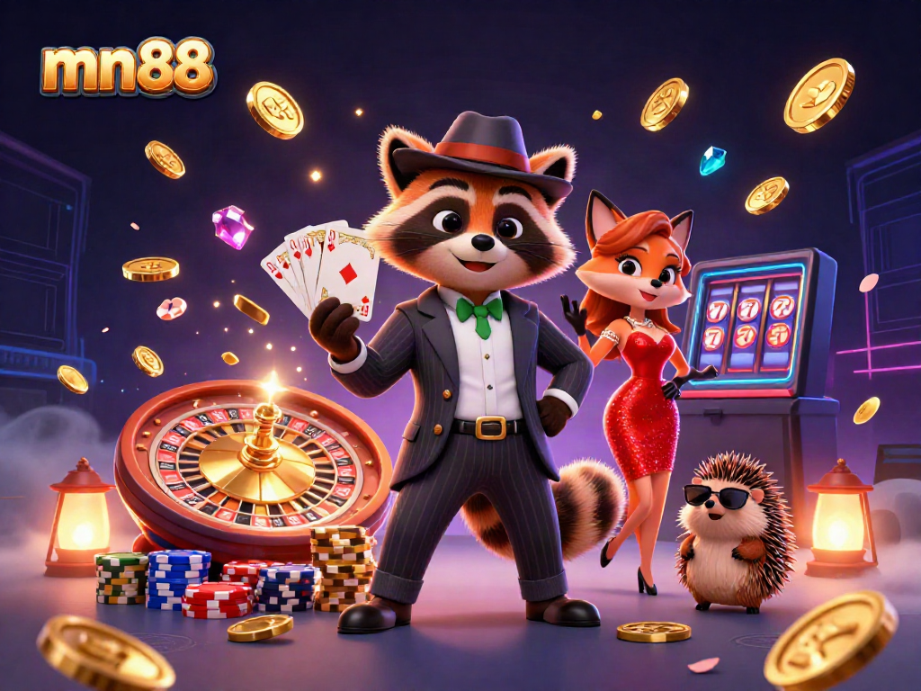 Join the excitement at mn88 with a suave raccoon and charming fox in a vibrant casino scene.