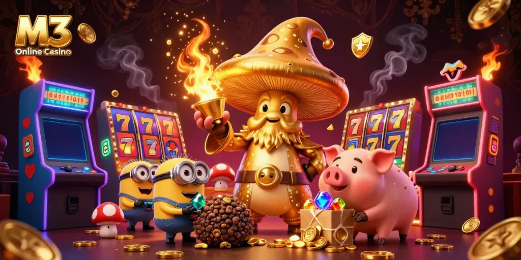 M3 Online Casino showcases a vivid scene with a magical mushroom wizard and treasure-hunting pig amid exciting slot game elements.