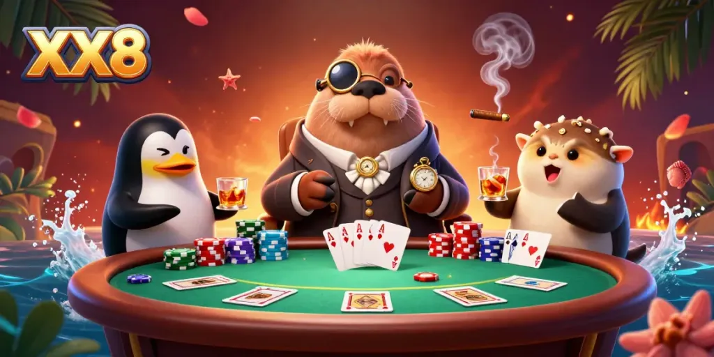 Experience the thrill of poker at XX8, with vibrant characters and dynamic gameplay elements in a rich 3D scene.