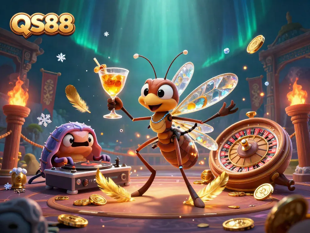 Engage with QS88's lively casino universe featuring a vibrant 3D scene of a mascot, DJ, and roulette wheel.