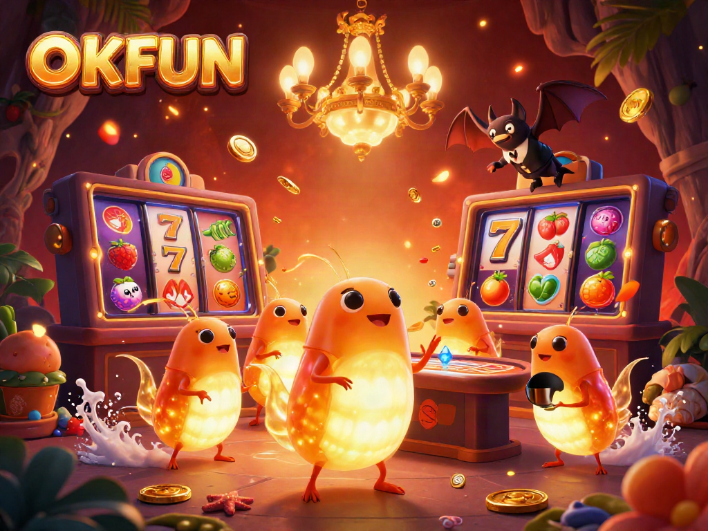 Experience the thrill of gambling at OKFUN with glowworms illuminating a vibrant casino scene filled with slots and prizes.