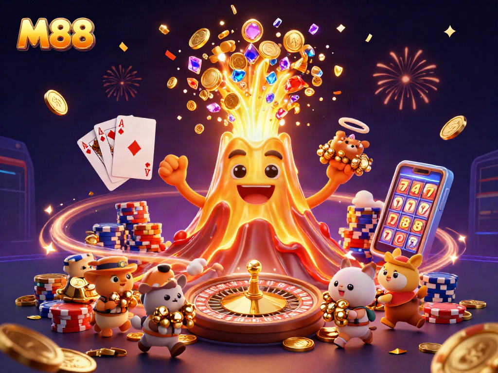 M88 offers an exciting scene as a golden volcano erupts with treasures and cartoon animals fleeing with winnings.