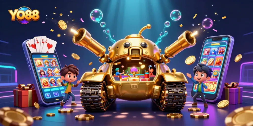 Experience thrilling gameplay at YO88 with a vibrant casino scene featuring slots, cards, and rewards.
