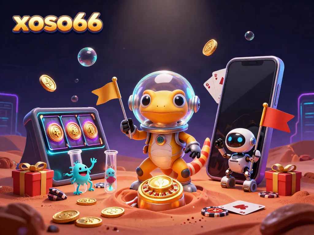 Feel the thrill of xoso66 while a Martian gecko explores a golden casino on Mars.