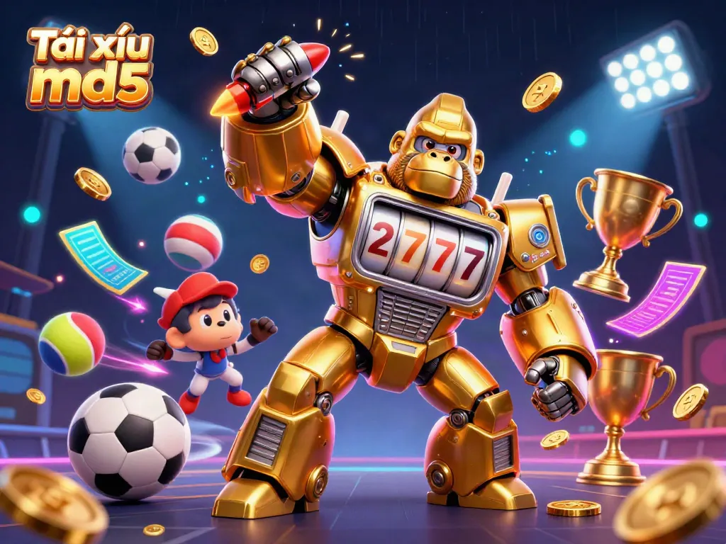 Engage with Tài xỉu md5 in a dynamic scene featuring a golden gorilla mech and flying sports elements.
