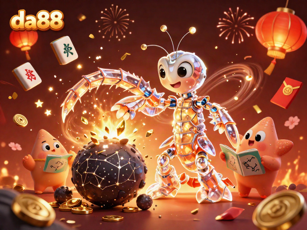 Engage in winning strategies at da88 with the playful galactic mantis shrimp amidst glowing casino elements.
