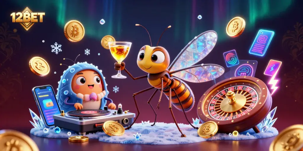 Engage with 12BET's dynamic casino world featuring unique characters and vibrant crypto elements.