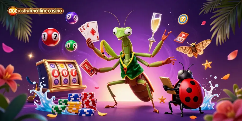Explore high-energy fun at australianonlinecasino with card sharp mantis and ladybug pit boss in a vibrant casino scene.