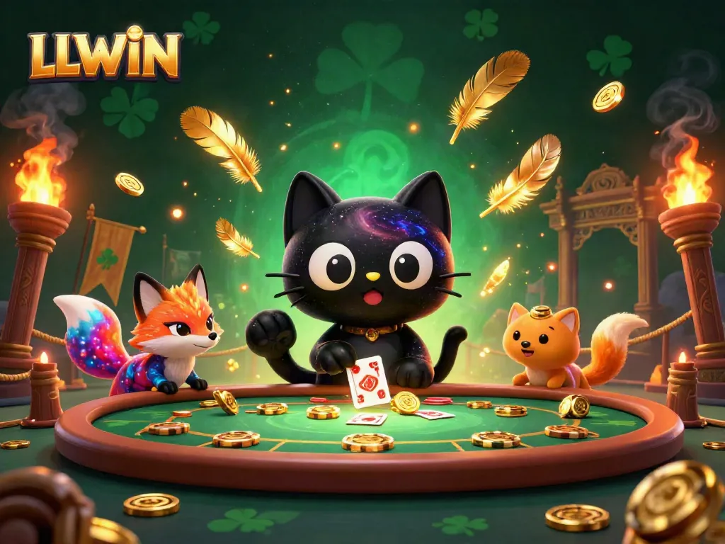 LLWIN captivates with a dynamic casino adventure featuring a black hole cat and colorful fox amidst cosmic gameplay.