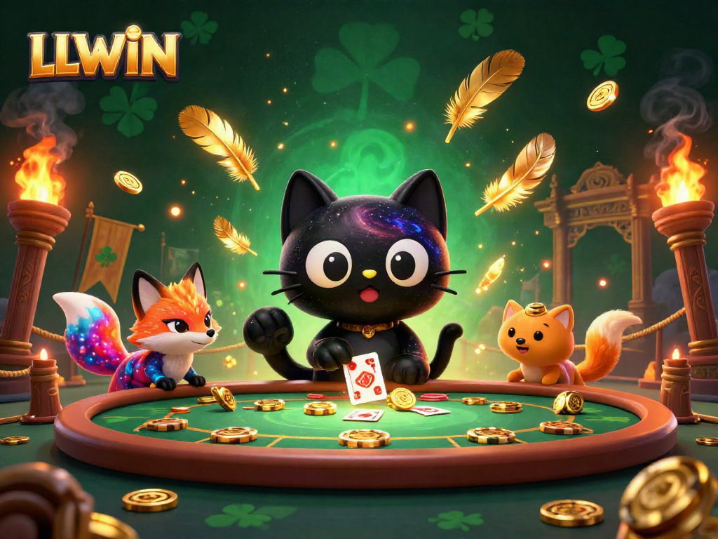 LLWIN captivates with a dynamic casino adventure featuring a black hole cat and colorful fox amidst cosmic gameplay.