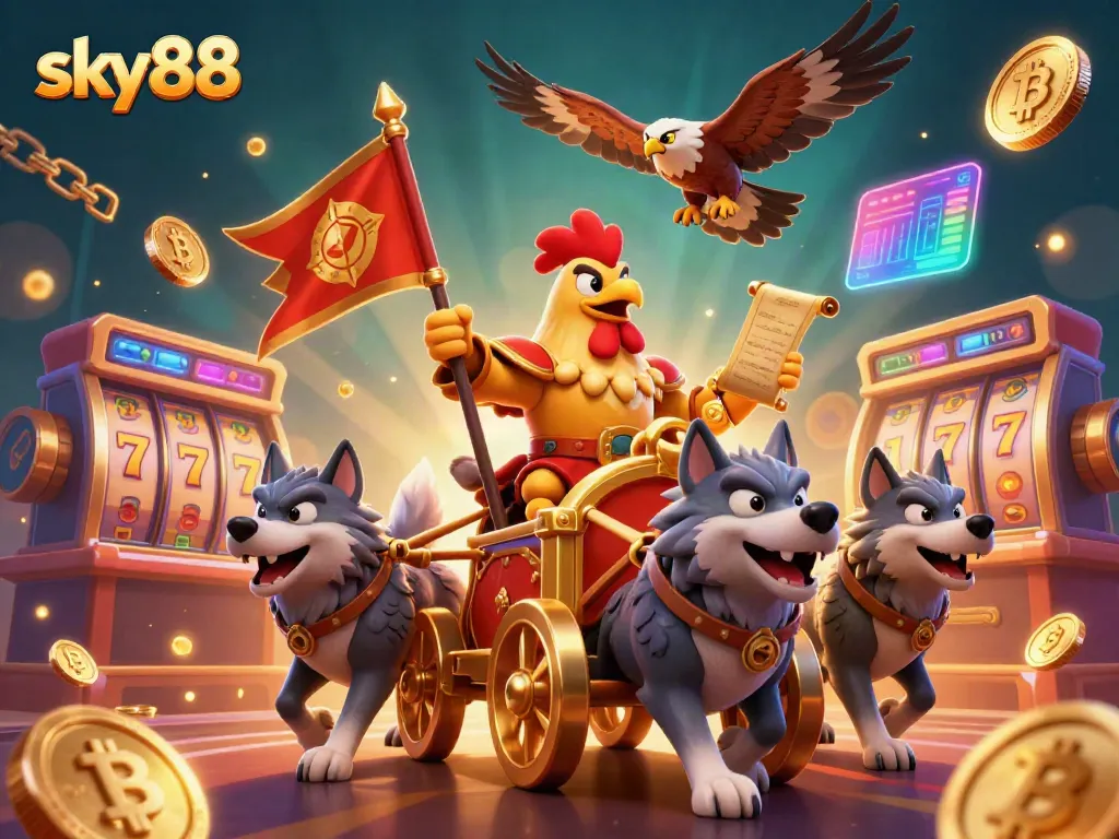 Experience the thrilling atmosphere of sky88 with a cartoon rooster warlord in a vibrant casino setting.