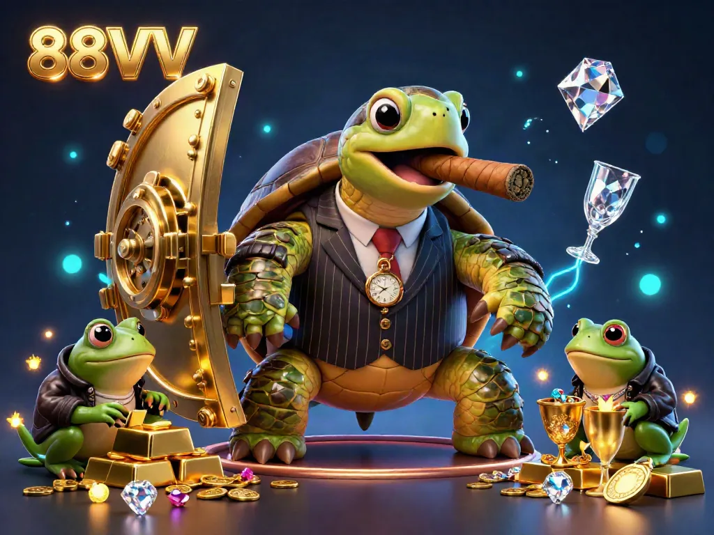 Experience the excitement at 88VV with a dynamic scene of a snapping turtle in mobster style amidst treasures and lights.
