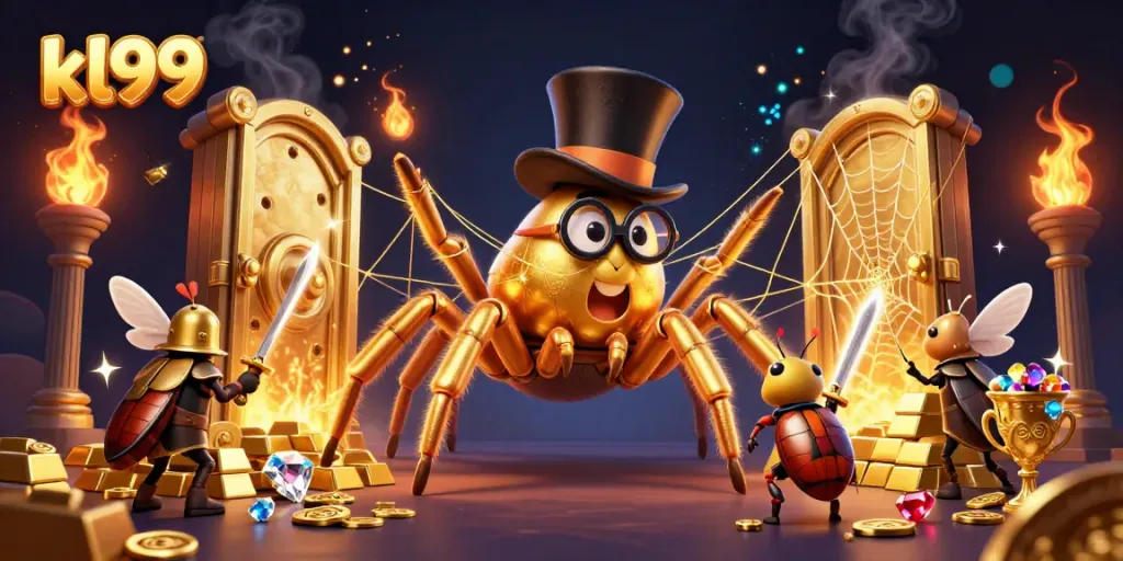 Engage with kl99's dynamic casino world featuring an adventurous beetle knight and a golden tarantula.