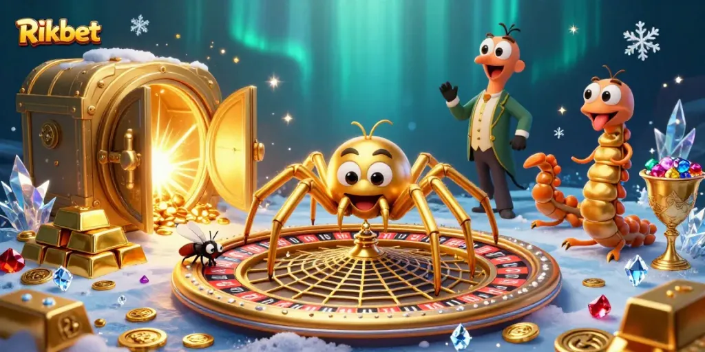 Rikbet showcases a unique gambling illustration with cartoon characters amid treasures and roulette.
