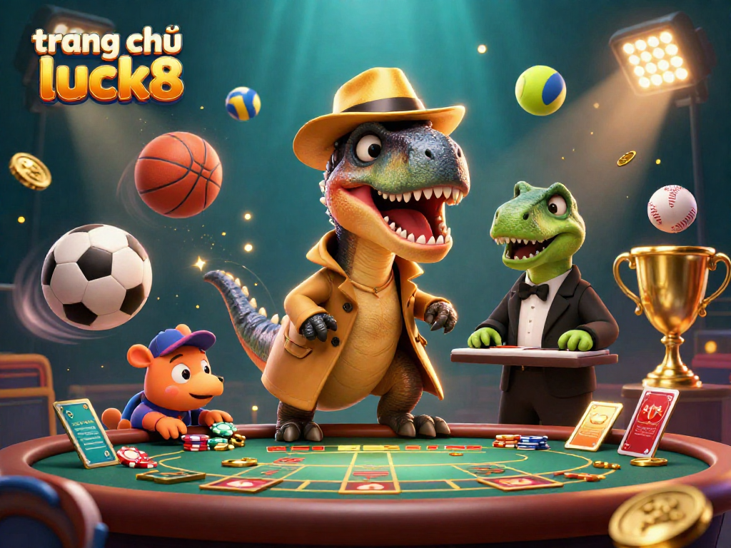 Engaging scene featuring the trang chủ luck8 with a cartoon velociraptor card counter at a blackjack table and sports elements dynamically flying around.