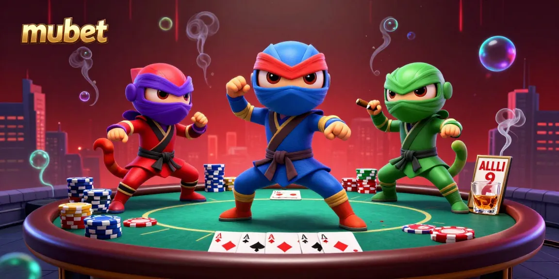 Engage in exciting gameplay with mubet as cartoon ninja chameleons perform martial arts in a vibrant poker scene.