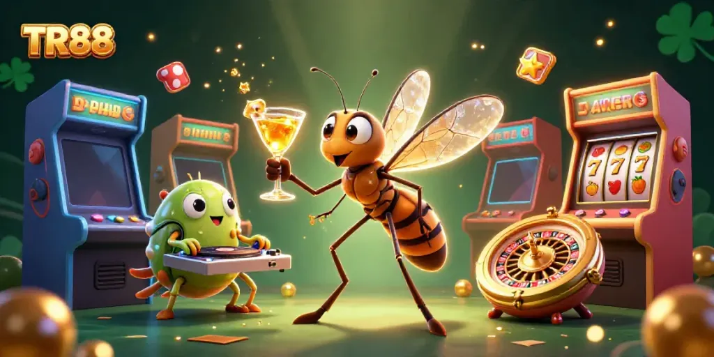 Engage with TR88 at a vibrant casino scene featuring a mascot with golden cocktail.