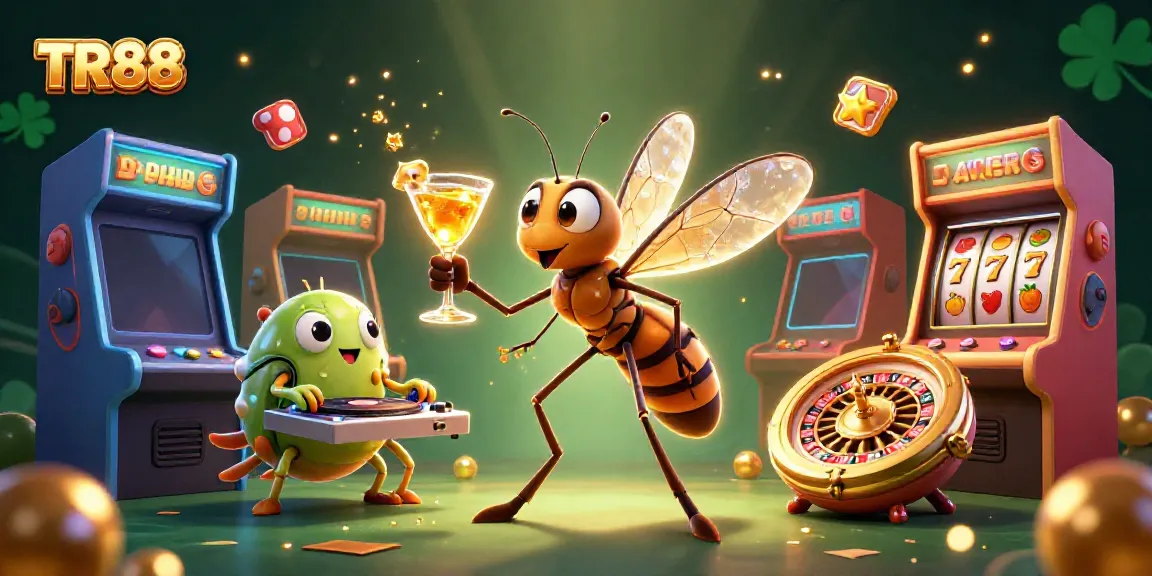 Engage with TR88 at a vibrant casino scene featuring a mascot with golden cocktail.