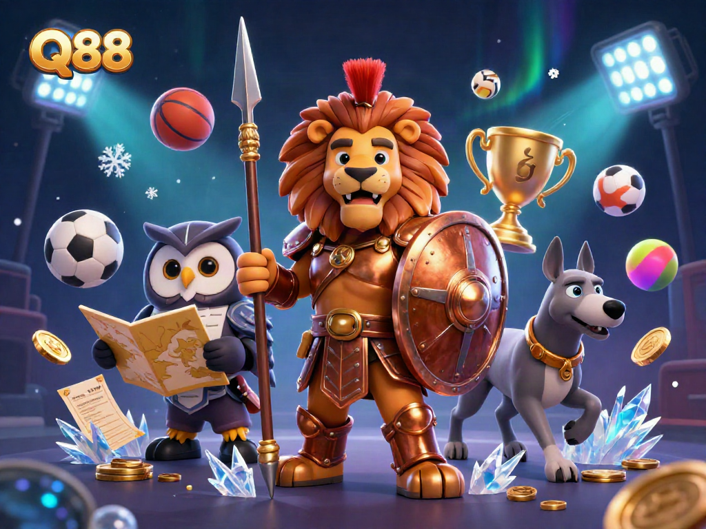 Engage with Q88's thrilling gaming experience featuring a courageous Spartan lion and vibrant sports themes.