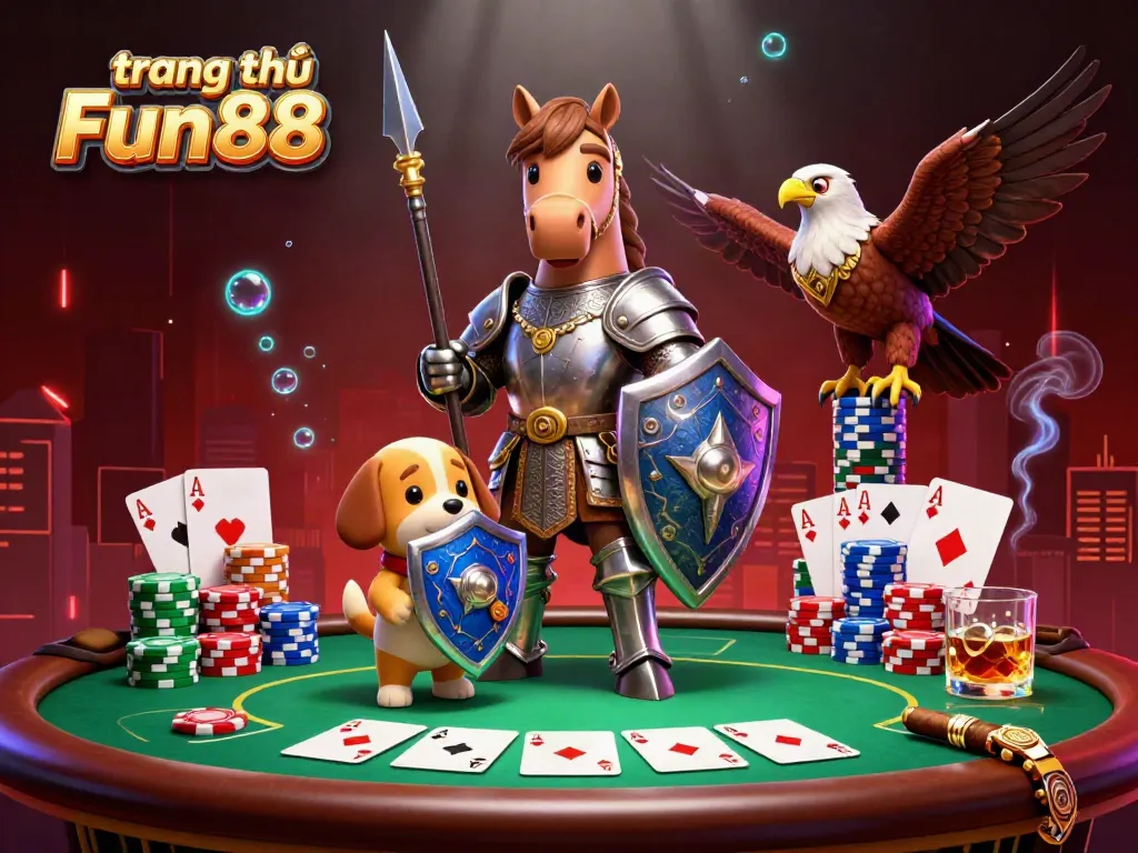 Experience the excitement at trang chủ Fun88, featuring a knight and puppy with poker elements in a vibrant scene.