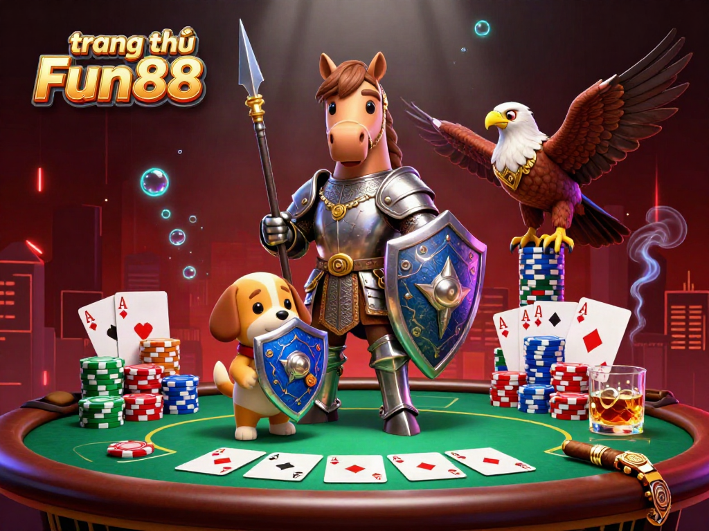 Experience the excitement at trang chủ Fun88, featuring a knight and puppy with poker elements in a vibrant scene.