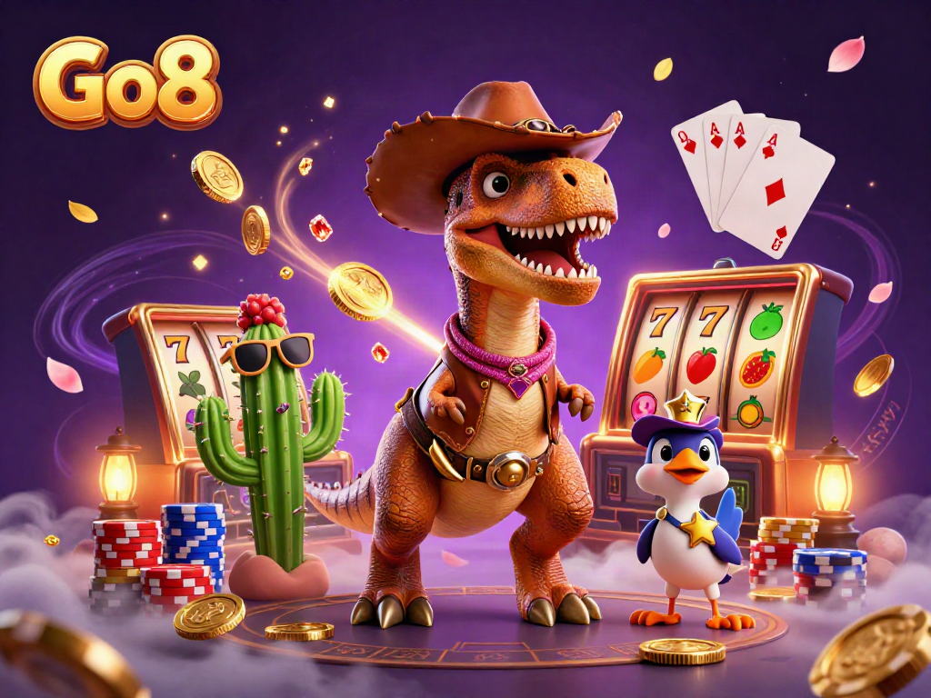 Go8 themed casino illustration with a cowboy dinosaur, cactus, and roadrunner amidst dynamic gaming elements.