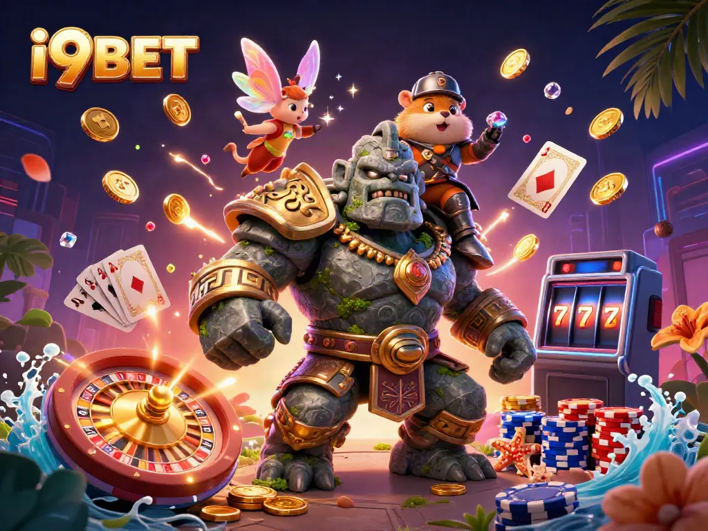 Join i9BET with an exciting 3D scene of a magical golem and fairy in a rich casino atmosphere.