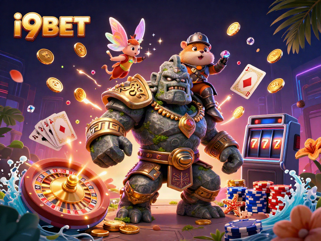 Join i9BET with an exciting 3D scene of a magical golem and fairy in a rich casino atmosphere.